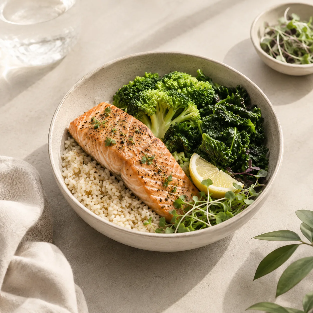 Salmon bowl with grains and green vegetables