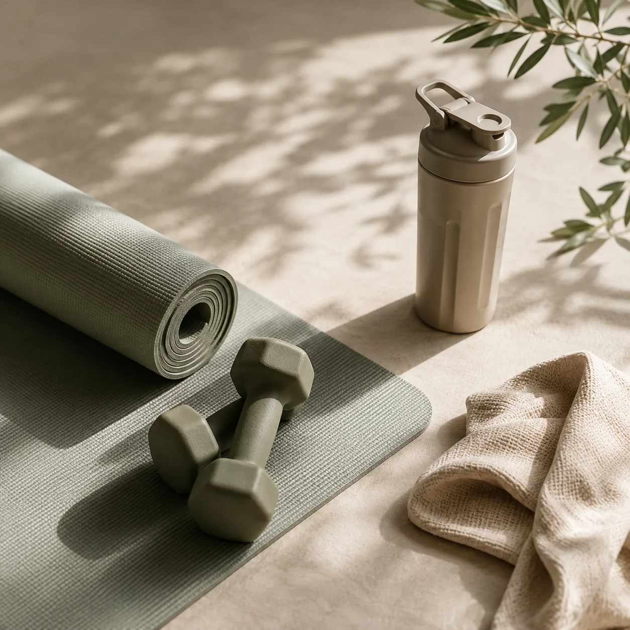 Yoga mat, dumbbells, and water bottle